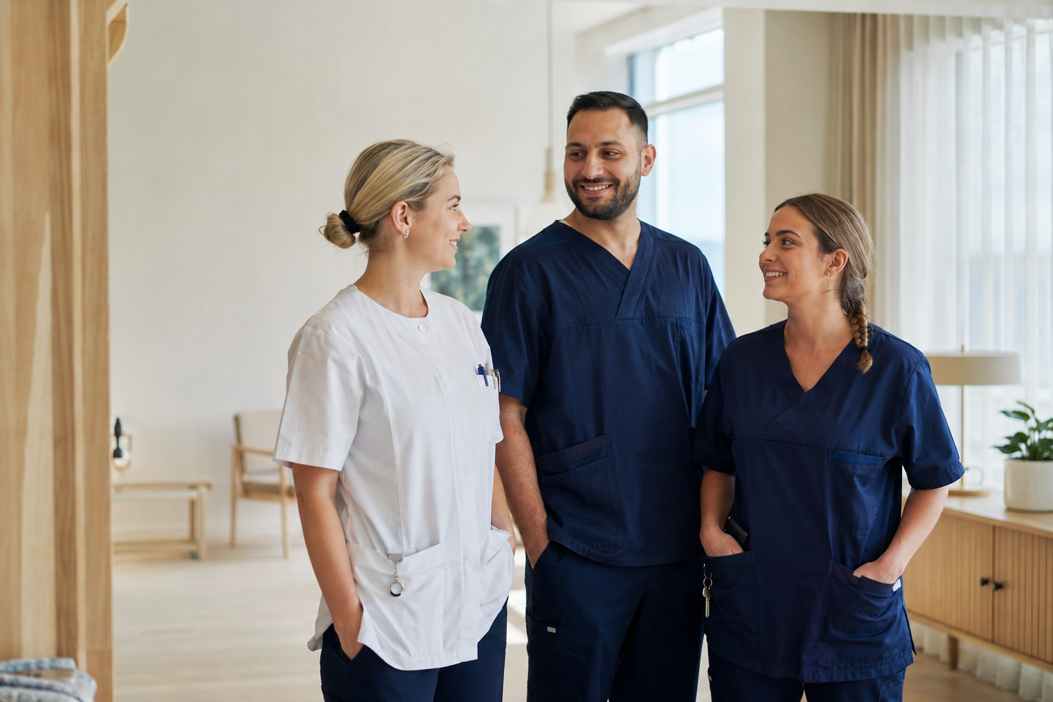 Sundhedsfagligt team i et lyst og professionelt omsorgsmiljø